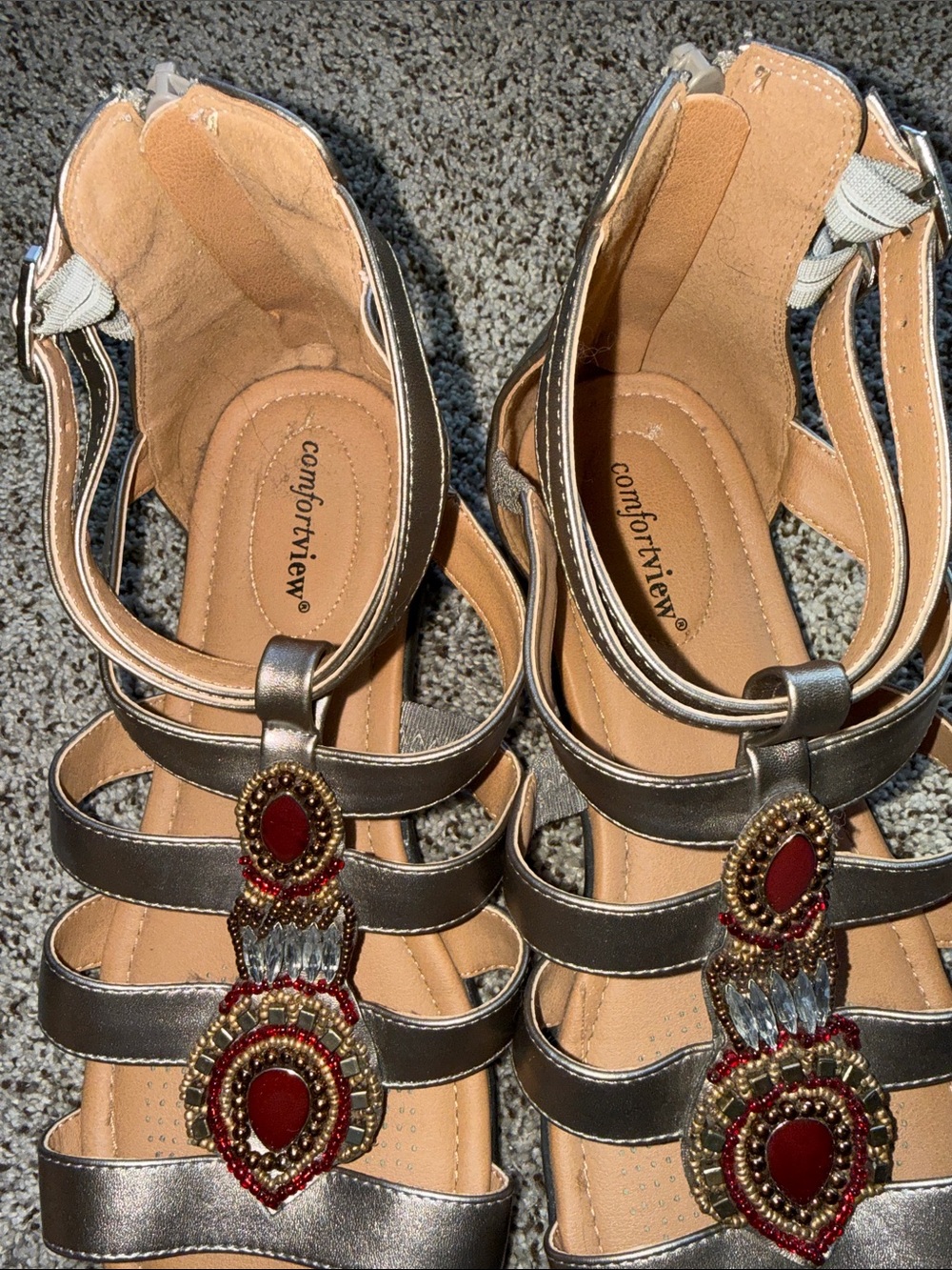 comfortview Metallic Silver Strappy Sandals with Red Jewel Accents - Picture 5 of 8